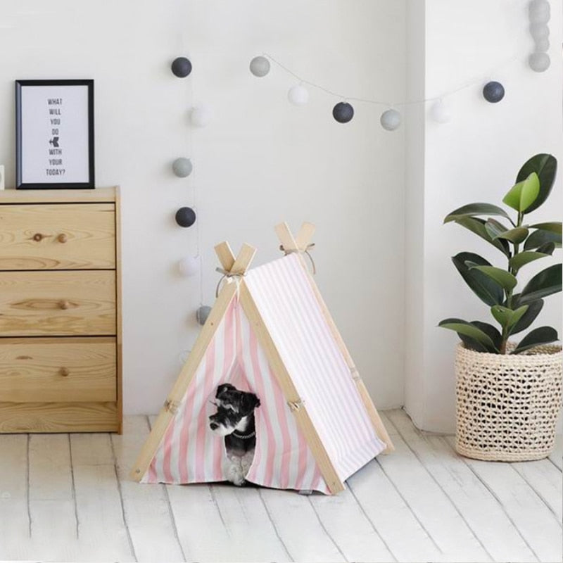 Portable Wood Pet Tent Dog House Cat House Washable Triangle Teepee Tent Outdoor  Indoor Puppy Cat Travel Teepee Cave with Mat