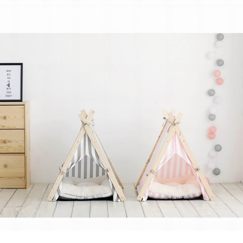 Portable Wood Pet Tent Dog House Cat House Washable Triangle Teepee Tent Outdoor  Indoor Puppy Cat Travel Teepee Cave with Mat