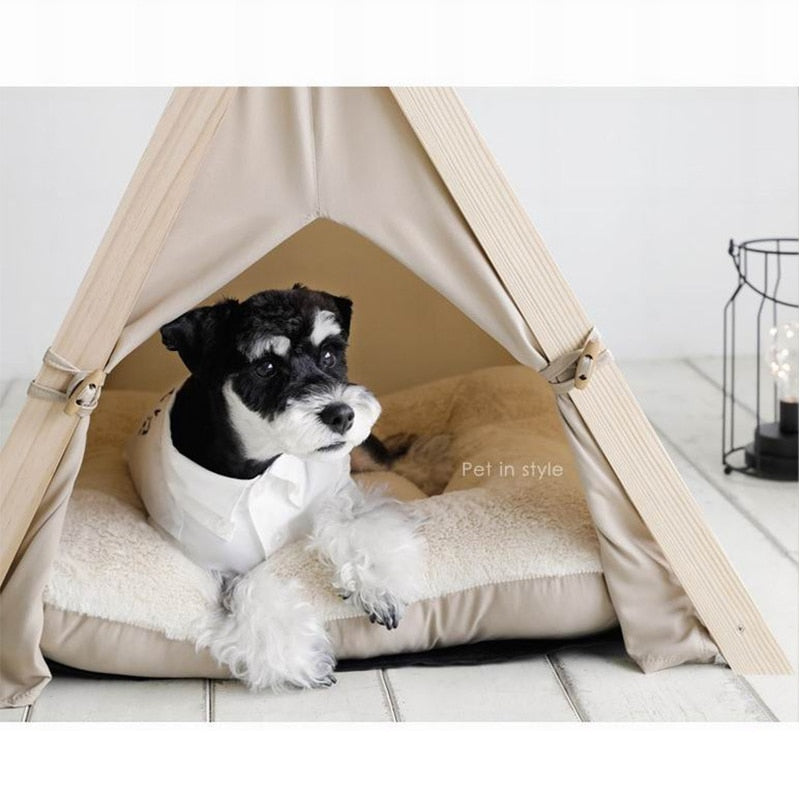 Portable Wood Pet Tent Dog House Cat House Washable Triangle Teepee Tent Outdoor  Indoor Puppy Cat Travel Teepee Cave with Mat