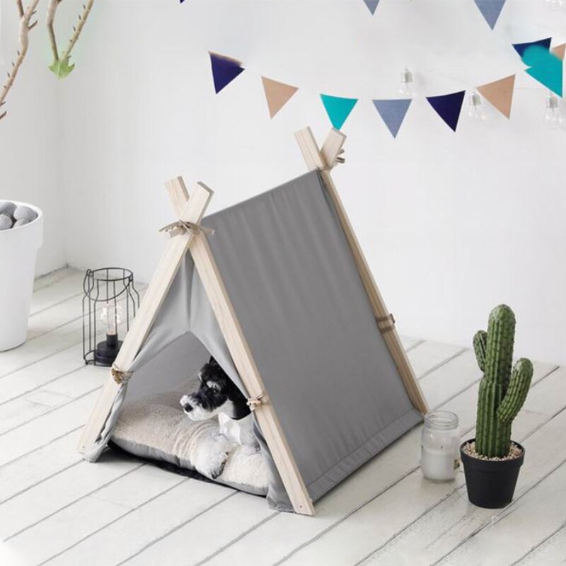 Portable Wood Pet Tent Dog House Cat House Washable Triangle Teepee Tent Outdoor  Indoor Puppy Cat Travel Teepee Cave with Mat