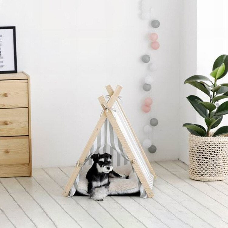 Portable Wood Pet Tent Dog House Cat House Washable Triangle Teepee Tent Outdoor  Indoor Puppy Cat Travel Teepee Cave with Mat