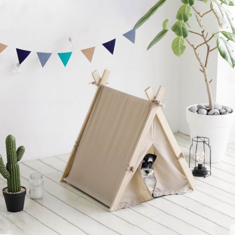 Portable Wood Pet Tent Dog House Cat House Washable Triangle Teepee Tent Outdoor  Indoor Puppy Cat Travel Teepee Cave with Mat